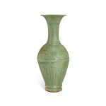 A large carved Longquan celadon 'floral' baluster vase Yuan dynasty | 元 龍泉青釉刻牡丹菊瓣紋鳳尾尊