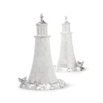 A Pair of English Silver-Plated 'Eddystone Lighthouse' Table Vestas and Match Strikers, Thomas Latham & Ernest Morton, Birmingham, Circa 1885