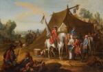 JAN PEETER VERDUSSEN | A military encampment, depicting the Household Cavalry of the Duke of Savoy (1744-1745) with a standard bearer and horses by a tent