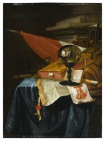 VINCENT LAURENSZ. VAN DER VINNE I | A VANITAS STILL LIFE WITH A CRYSTAL BALL REFLECTING AN IMAGE OF THE ARTIST AT HIS EASEL, A BOOK, A LUTE, A FLAG, A CHIPPED ROEMER, A FLUTE, A BATON, AN HOURGLASS, AN OPEN BOOK SHOWING A VIEW OF ANTWERP, AN ENGRAVED PORTRAIT OF KING CHARLES I, AND A CHARTER WITH A SEAL ON A PARTIALLY DRAPED TABLE BEFORE A PILLAR