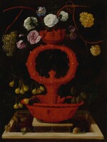 Still life of flowers and grapes in an elaborate ceramic vase, with snails along the bottom ledge