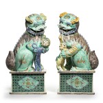 A large and impressive pair of famille-verte biscuit Buddhist lions Qing dynasty, Kangxi period | 清康熙 五彩佛獅一對