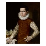 GERVASIO GATTI | PORTRAIT OF A BOY IN STRIPED DOUBLET AND WHITE RUFF, HIS LEFT ARM ON HIS HIP AND RIGHT RESTING ON A TABLE WITH AN OPEN BOOK, HALF-LENGTH