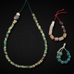 A jade and glass hardstone necklace, a jade and agate necklace, and a glass necklace, Eastern Zhou dynasty 東周 料珠配玉珠鏈、瑪瑙配玉珠鏈、藍料珠鏈一組三件