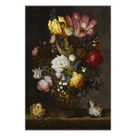 A still life of white and red roses, a tulip, anemones, a hyacinth, a pansy, lily-of-the-valley, and other flowers in an ornamented glass vase on a hard-stone ledge, with a shell, a bluebottle and a Red Admiral butterfly