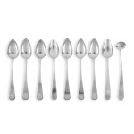 Eight American Silver Teaspoons and a Condiment Spoon, John A. Shaw, Newport, Rhode Island, Circa 1805-15