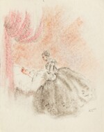 Gallant scene and Woman at a patient's bedside, lot of two drawings, pastel on monogrammed paper, dated 1950