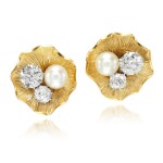 PAIR OF DIAMOND AND CULTURED PEARL EAR CLIPS