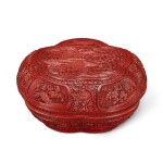 A cinnabar lacquer 'scholars' lobed box and cover, Qing dynasty, Qianlong period 清乾隆 剔紅訪友圖梅花式捧盒