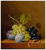 Grapes, plums, raspberries, flowers and an acorn on a wooden ledge