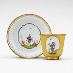 A Meissen Augustus Rex yellow-ground chocolate cup and saucer, Circa 1727 