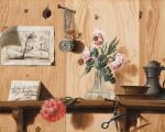 ANDREA URBANI | A trompe l'œil with flowers, a drawing, scissors, a watch, and plates, a jug and a letter on a wooden shelf