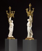A pair of French gilt-bronze mounted marble candelabra by Sormani of Paris, circa 1870, after the model by Jean-François Lorta