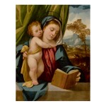 Sold Without Reserve | BONIFAZIO DE' PITATI, CALLED BONIFAZIO VERONESE | MADONNA READING A BOOK AND HOLDING THE STANDING CHRIST CHILD, WITH A LANDSCAPE BEYOND   