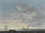 A herring fleet with a man-o'-war offshore in a light chop and gentle breeze
