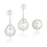 Cultured Pearl and Diamond Ring; and Cultured Pearl and Diamond Pendent Earrings | 養殖珍珠 配 鑽石 戒指 及 耳墜 一對