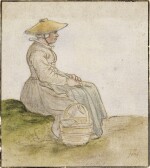 A woman, facing right, sitting on a bank by a road, her basket beside her