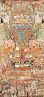 A rare silk thangka depicting an assembly of emblems, Tibet, circa 18th century | 西藏 約十八世紀 法器唐卡 絹本設色 