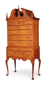 Fine and Rare Queen Anne Carved Cherrywood and Mahogany Bonnet-Top High Chest of Drawers, Hartford Area, Connecticut, circa 1760
