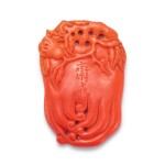 A coral-imitation red glass 'finger citron' abstinence plaque, Qing dynasty, 18th - 19th century 清十八至十九世紀 紅料仿珊瑚佛手紋齋戒牌