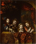 A group portrait of four children with a dog and a cat in a window