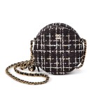 Black, White and Multicolor Tweed Round Clutch with Chain Gold Hardware, 2019