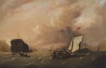 FREDERICK CALVERT | Warships at anchor in a bay, and other shipping in a light breeze