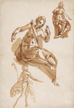 Recto: Studies of two female figures, a walking figure below Verso: Two soldiers brandishing swords and daggers, a sketch of a third
