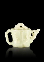A superb imperial white jade 'prunus' teapot and cover, Qing dynasty, Yongzheng period |  清雍正 御製白玉雕梅花紋蓋壺