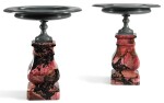 A PAIR OF RUSSIAN ORLETZ RHODONITE AND KALGAN JASPER TAZZE ON PEDESTALS CIRCA 1860, BY THE EKATERINBURG IMPERIAL LAPIDARY WORKS