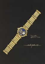 An original prototype design of a grand complication bracelet watch, painted by Gérald Genta, with accompanying NFT, Circa 1987 | 傑洛・尊達 一幅 Grand Complication 鏈帶腕錶原型設計圖，由傑洛・尊達繪製並附帶 NFT 証書，約1987年製