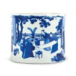A blue and white 'Four Accomplishments' brushpot Qing dynasty, Kangxi period | 清康熙 青花四藝圖筆筒