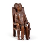 VERY FINE AND RARE CARVED WOOD SCULPTURE OF A GENTLEMAN SEATED IN A GOTHIC ARMCHAIR, 1890