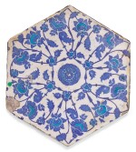 AN IZNIK HEXAGONAL BLUE AND TURQUOISE POTTERY TILE, TURKEY, FIRST-HALF 16TH CENTURY