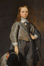 JAN JANSZ. DE STOMME | PORTRAIT OF A BOY, THREE-QUARTER-LENGTH, WEARING A GREY EMBROIDERED SUIT AND HOLDING A FEATHERED HAT