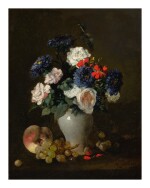 ANTOINE VOLLON | ASSORTED FLOWERS IN A VASE WITH GRAPES AND A PEACH ON A TABLE