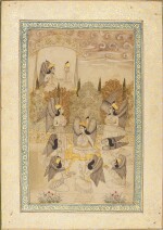 A gathering of angels on a terrace, possibly an illustration of a Falnama subject, India, Deccan, Golconda or Bidar, early 18th century
