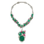 Important emerald, ruby, enamel and diamond pendent necklace, circa 1929 and later