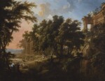 PIERRE-ANTOINE PATEL THE YOUNGER | An Italianate wooded landscape with ruins and a stag hunt beyond