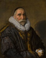 Portrait of a gentleman, half-length, in a brown fur-trimmed coat, with a large white ruff and black skull cap, holding a handkerchief