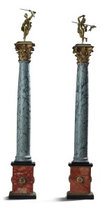  A PAIR OF NEOCLASSICAL GILT BRONZE AND GILT METAL-MOUNTED BARDIGLIO, PINK MARBLE AND BLACK SLATE CORINTHIAN COLUMNS TOPPED BY A PAIR OF GILT BRONZE MAENADS HOLDING THYRSI, 19TH CENTURY