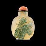 A carved moss-green chalcedony 'grasshopper and cabbage' snuff bottle Qing dynasty, 18th - 19th century | 清十八至十九世紀 玉髓巧作草蜢白菜圖鼻煙壺