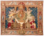 A Chancellerie Portiere Tapestry, Gobelins Manufactory, Paris, Louis XV, circa 1730, low-warp loom workshop, under direction of Etienne-Claude Le Blond (1700-11751), after cartoons by Guy-Louis Vernansal (1648-1729), Pavillon (1690-1712) and Claude III Audran (1658-1734), with border design by Audran III circa 1720