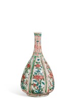A polychrome-enamelled melon-form bottle vase, Late Ming dynasty | 明末 彩繪瓔珞花卉紋瓜棱瓶