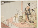 Suzuki Harunobu (1725-1770) | Courtesan with her attendant and Hotei viewing the moon | Edo period, 18th century