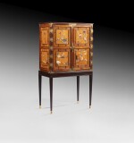 A George III Chinese soapstone-mounted cabinet, circa 1765, possibly by Mayhew and Ince, the Chinese soapstone-mounted panels, Qing Dynasty | Cabinet George III, vers 1765, probablement par Mayhew and Ince, monté de panneaux ornés de pierres, Chine, Dynastie Qing