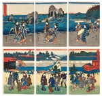 UTAGAWA HIROSHIGE I (1797–1858), TWO TRIPTYCHS: VIEW OF FUTAMIGAURA (FUTAMIGAURA NO ZU) AND KASUMIGASEKI | EDO PERIOD, 19TH CENTURY