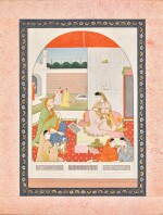 A NAYIKA WITH ATTENDANTS AND A DOLL, INDIA, PAHARI, EARLY 19TH CENTURY