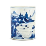A blue and white 'landscape' brushpot Qing dynasty, Kangxi period | 清康熙 青花山水圖筆筒