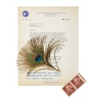 [APOLLO 10]. FLOWN PEACOCK FEATHER, MOUNTED ON LETTER SIGNED BY STAFFORD, YOUNG, & CERNAN